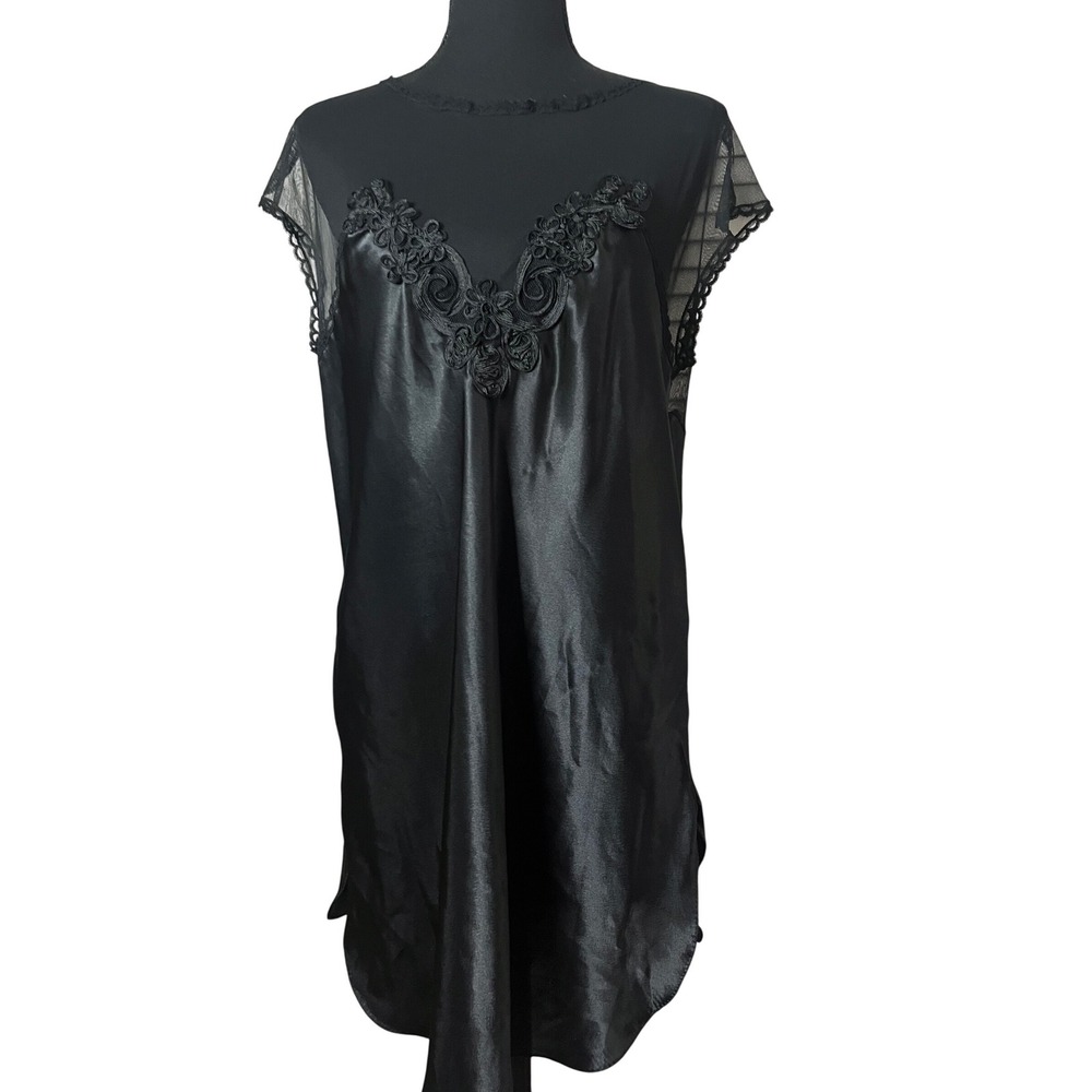 Vtg California Dynasty Nightgown Women's Medium Black Liquid Satin